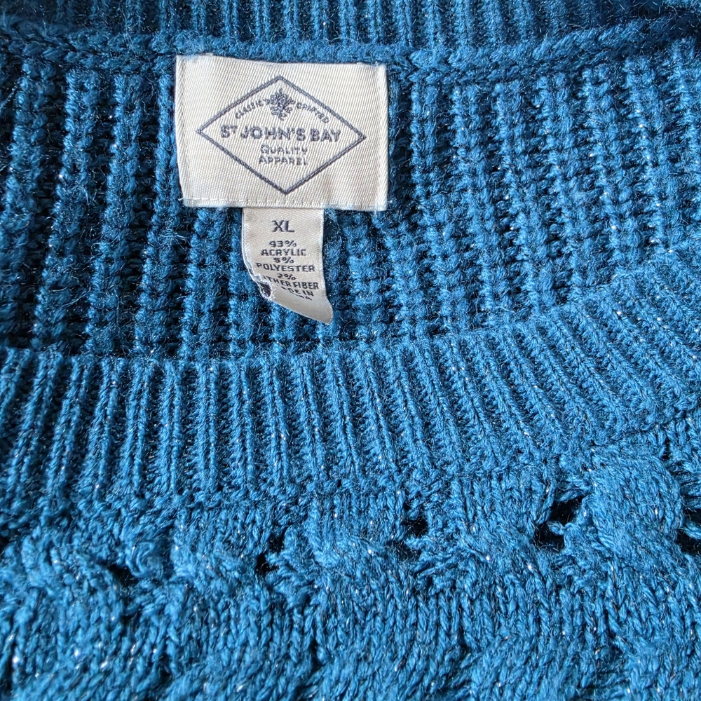 St. John's Bay Teal Crochet-Style Crew Neck Sweater
